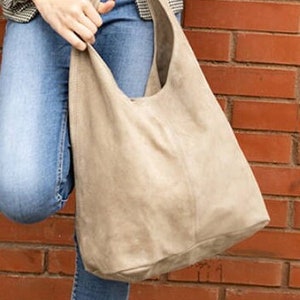 Taupe suede genuine leather hobo shoulder bag, Suede Leather Hobo Bag, Shopper Bag, Pale color Big Laptop Bag