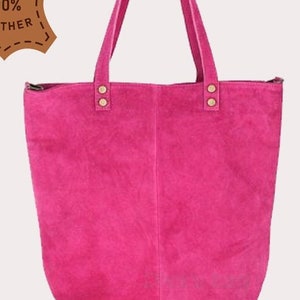 Fuchsia pink suede leather tote bag, Leather Shoulder Bag Crossbody Bag Belt Bag, Leather shopper bag, Leather Cross body bag