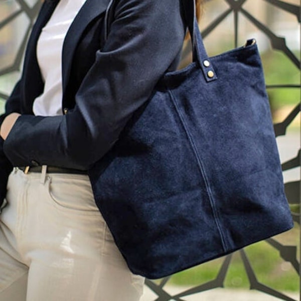 Sac fourre-tout en cuir daim bleu marine, sac bandoulière en cuir, sac ceinture en cuir, sac shopper en cuir, sac bandoulière en cuir