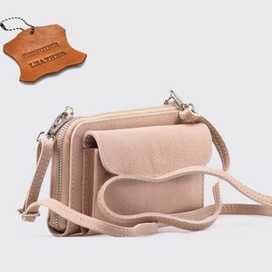 Bolso para teléfono móvil, cartera, 2 en 1, bolso de hombro de piel auténtica con correa estrecha de piel, bolso bandolera minimalista.