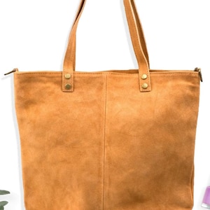 Sac fourre-tout en cuir suédé cognac : sac à bandoulière et bandoulière