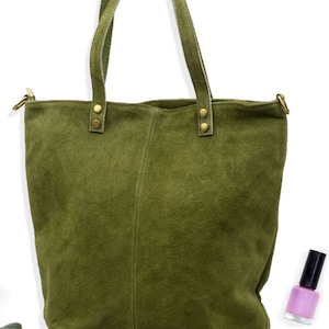 Military green suede leather tote bag, Leather Shoulder Bag Crossbody Bag Belt Bag, Leather shopper bag, Leather Cross body bag