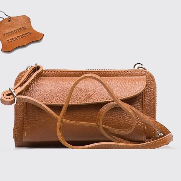 Genuine Leather Crossbody Phone Wallet – Quilted, Clear Screen Pocket, Multi-Card Slots For Women