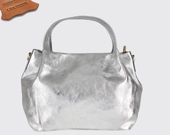 Top zip  genuine leather shoulder bag silver colour, natural handbag, elegant shopper, woman gift Christmas