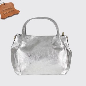 Top zip  genuine leather shoulder bag silver colour, natural handbag, elegant shopper, woman gift Christmas