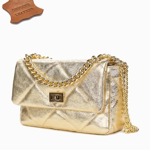 Luxus Gold Echtleder gesteppte Handtasche, Lederhandtasche, klassische Handtasche, Goldtasche Frauen, Umhängetasche, metallische Hochzeitstasche