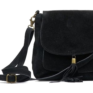 Schwarze Wildleder echtes Leder kleine Crossbody Tasche, echtes Leder Cross Body Schultertasche, Messenger Tasche, Top zip schwarz Tasche