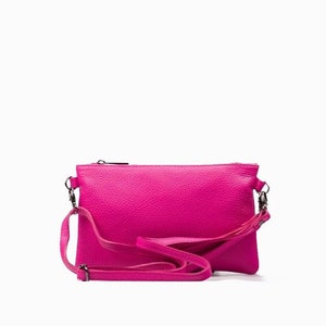 Fuchsia Leder Umhängetasche: Top Zip Echtleder Clutch