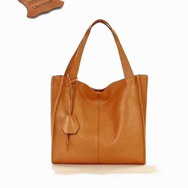 Top zip maxi shoulder bag cognac colour genuine leather tote,  XXL handbag, maxi shopper, laptop bag, elegant shoulder, laptop bag