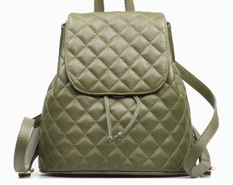 Military green leather quilted backpack, genuine leather backpack, backpack for girls, women's backpack, city bag, stylish backpack, gift