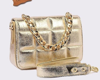 Luxury gold genuine leather quilted handbag, Leather Handbag, Classic Handbag, Gold Bag Women, Cross Body Bag, Metallic Wedding bag