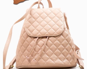 Powder pink leather quilted backpack, genuine leather backpack, backpack for girls, women's backpack, city bag, stylish backpack, gift