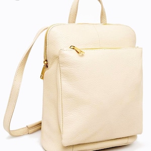 Versatile Genuine Leather Backpack in Beige: Wear on Back, Shoulder, or Hand
