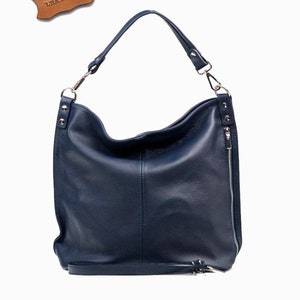 Navy blue genuine leather top zip shoulder bag, Leather handbag, Shopper bag, dark blue colour bag, Real Leather Elegant Bag