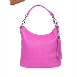 Sac à bandoulière zippé en cuir véritable avec pompon fuchsia, sac à main en cuir, sac cabas, grand sac pour ordinateur portable de couleur rose, sac élégant en cuir véritable