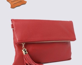 Bolso bandolera de piel napa roja: Clutch de piel auténtica
