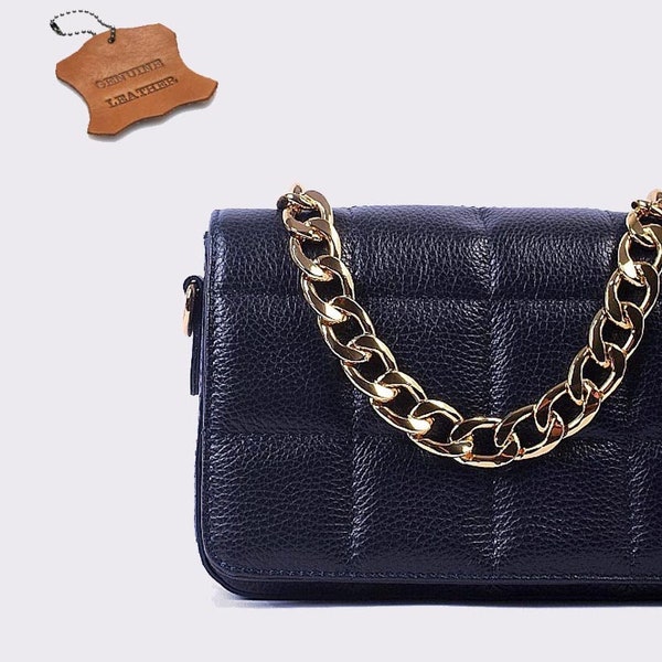 Luxury navy blue and gold genuine leather quilted handbag, Classic Handbag, Gold Bag Women, Cross Body Bag, Metallic designer bag