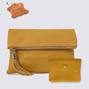 Sac en cuir véritable couleur moutarde, petit sac à main, sac à bandoulière, sac messager en cuir véritable, fermeture éclair de sac pour tablette, pochette de mariage