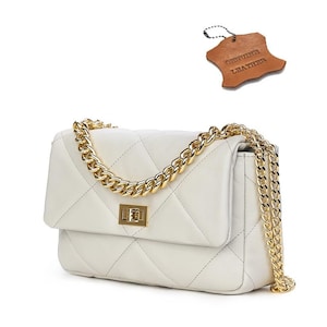 Luxury pearl grey and gold genuine leather quilted handbag, classic designer bag, elegant clutch, cross body bag, chain strap wedding purse