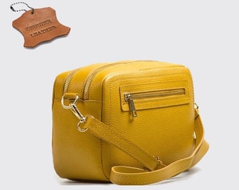 Mustard leather bag, Cross body shoulder bag, genuine leather messenger bag, top zip party bag, Christmas present woman