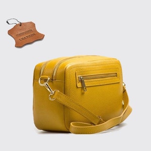 Mustard leather bag, Cross body shoulder bag, genuine leather messenger bag, top zip party bag, Christmas present woman