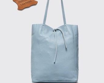 Bolsa tote de couro azul claro: Bolsa minimalista para compras, bolsa grande para laptop