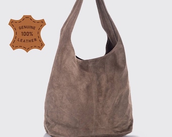 Dark taupe suede genuine leather hobo shoulder bag, Suede Leather Hobo Bag, Shopper Bag, Pale color Big Laptop Bag