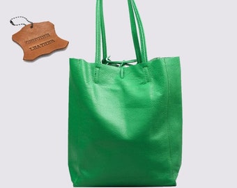 Bolso tote de piel verde personalizado: Bolso shopper de piel auténtica suave