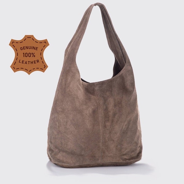 Sac hobo en cuir véritable en daim taupe foncé, sac hobo en cuir suédé, sac cabas, grand sac pour ordinateur portable de couleur pâle