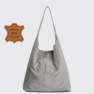 Hellgraue Wildleder Hobo Bag: Grosse Shopper Tote