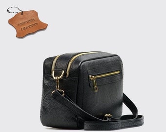 Black Leather Crossbody Bag: Top Zip Genuine Leather Messenger