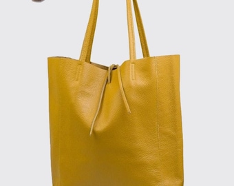 Bolsa tote mostarda, bolsa tote de couro legítimo mostarda, bolsa de compras de couro amarela, bolsa de ombro de couro legítimo macio e natural, bolsa grande para laptop