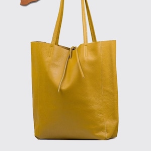 Mustard tote bag, real leather tote bag in mustard , Leather shopper in yellow, Soft natural GENUINE leather shoulder bag, maxi laptop bag