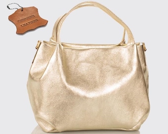 Borsa a tracolla in vera pelle con zip superiore colore oro, borsa naturale, shopper elegante, regalo donna Natale