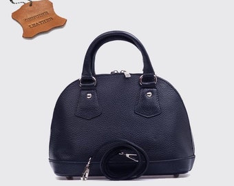 Top Zip elegant designer genuine leather shoulder bag in navy blue Leather alma handbag, Shopper bag, Real Leather Elegant Shoulder Bag