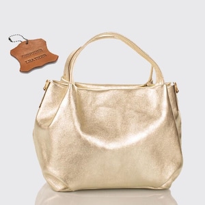 Top zip  genuine leather shoulder bag gold colour, natural handbag, elegant shopper, woman gift Christmas