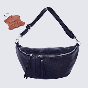 Navy blue medium size belly bag, Crossbody XL Belly Bag, Maxi Nappa Leather Shoulder Belt Bag, Silver Details, Fanny Leather Waist