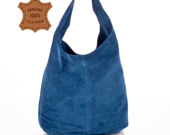 Jeans blue suede genuine leather hobo shoulder bag, Suede Leather Hobo Bag, Shopper Bag, blue color Big Laptop Bag