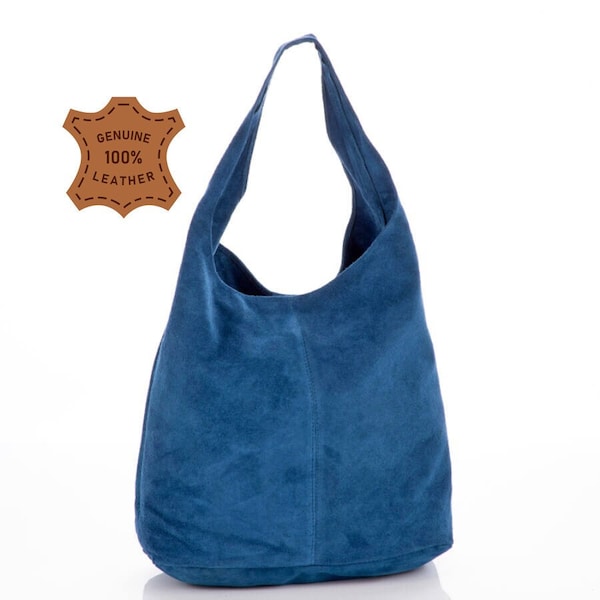 Sac à bandoulière hobo en cuir véritable en daim bleu Jeans, sac Hobo en cuir suédé, sac Shopper, couleur bleue Big Laptop Bag