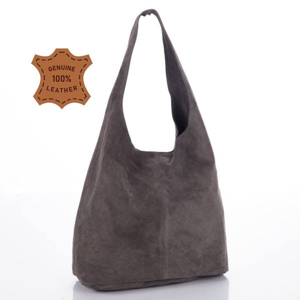 Sac hobo en cuir véritable en daim gris foncé, sac hobo en cuir suédé, sac cabas, couleur grise grand sac pour ordinateur portable