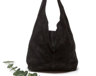 Zwart suède lederen hobo schoudertas, Suede Leather Hobo Bag, Shopper Bag, Zwarte kleur Grote Laptoptas