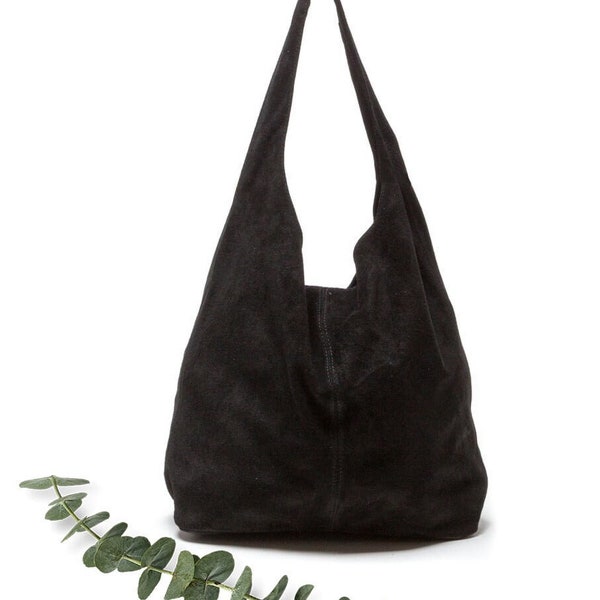 Zwart suède lederen hobo schoudertas, Suede Leather Hobo Bag, Shopper Bag, Zwarte kleur Grote Laptoptas