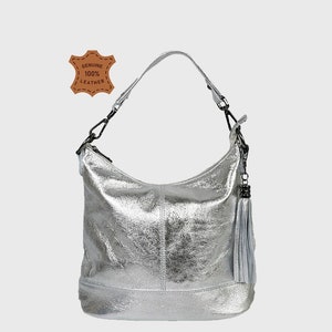 Silver genuine leather top zip shoulder bag with tassel, Leather handbag, Shopper bag, silver color big laptop bag, Real Leather Elegant