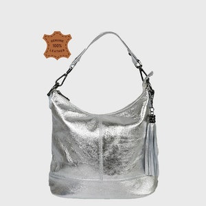 Silber Echtleder Top Reißverschluss Tasche Umhängetasche mit Quaste, Lederhandtasche, Shopper Tasche, Silberfarbe große Laptoptasche, Echtleder