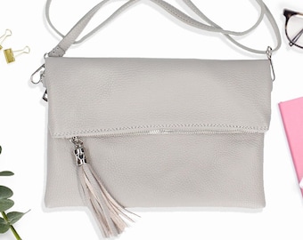 Sac en cuir véritable gris clair, sac à bandoulière, sac messager en cuir véritable, fermeture à glissière pour sac à main pour tablette, pochette de mariage