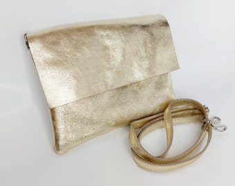 Zip GOLD real leather bag, Cross body shoulder bag, genuine leather messenger bag, tablet book bag with zipper