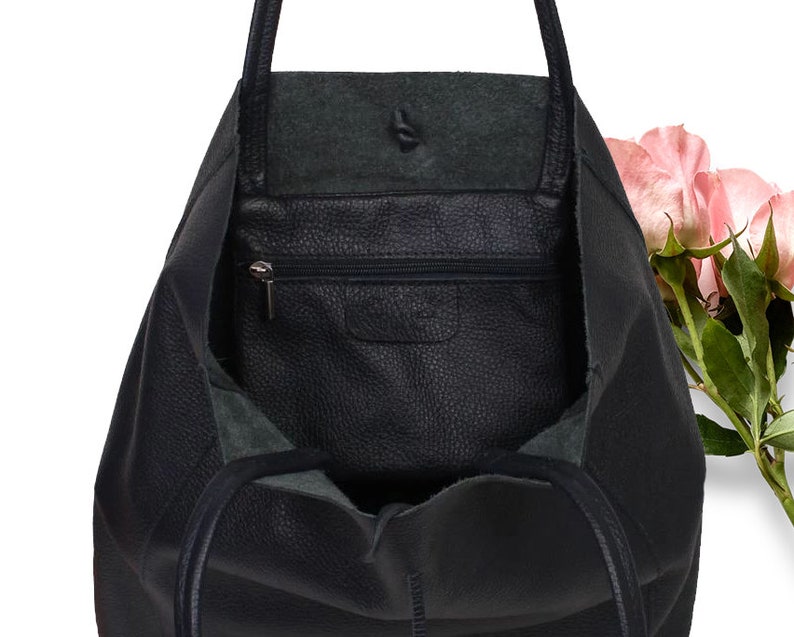 Leather tote bag in black, Leather shopper in black, Soft natural GENUINE leather shoulder bag, Large black tote bag, minimalist laptop bag image 8