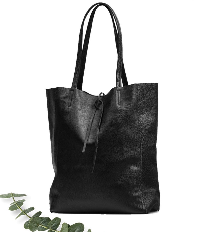Leather tote bag in black, Leather shopper in black, Soft natural GENUINE leather shoulder bag, Large black tote bag, minimalist laptop bag image 2