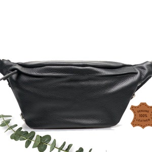 Reißverschlusstasche Schwarze große Bauchtasche, Crossbody Bauchtasche, Maxi Leder Schulter Gürteltasche, Silber Details, Fanny Leder Cross Body, Gürteltasche