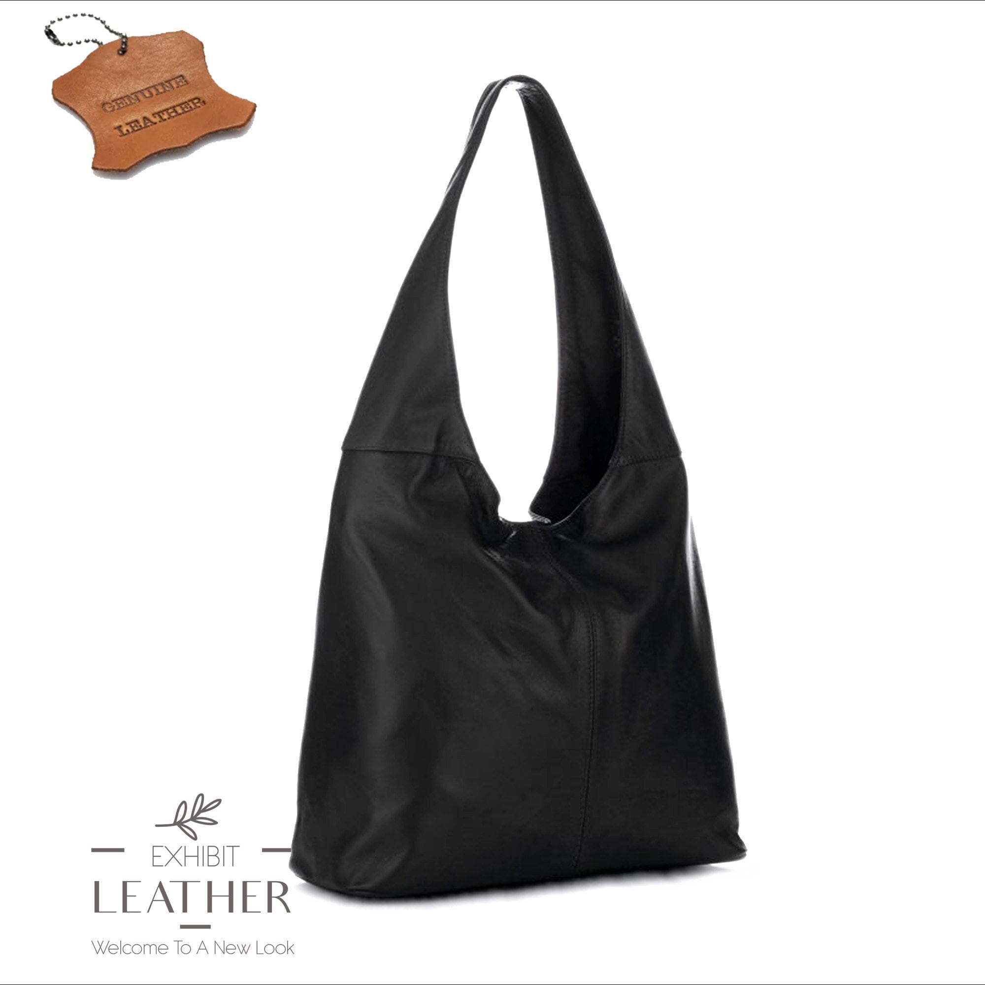 Top Zip Black Genuine Leather Hobo Shoulder Bag, Real